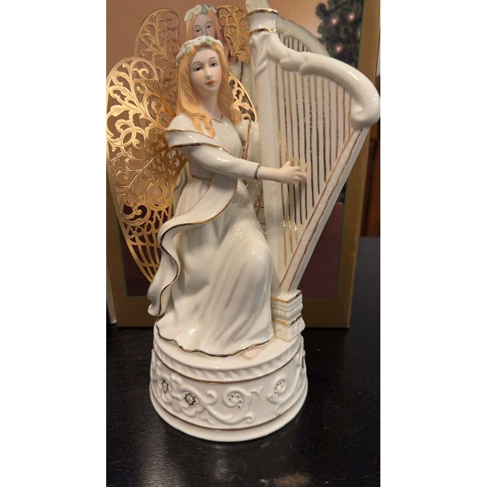 DILLARD'S CHRISTMAS PORCELAIN ANGEL GOLD WINGED MUSICAL‎ HARP RARE - Picture 2 of 4